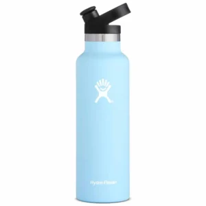 Blue hydro flask water bottle with black sport cap
